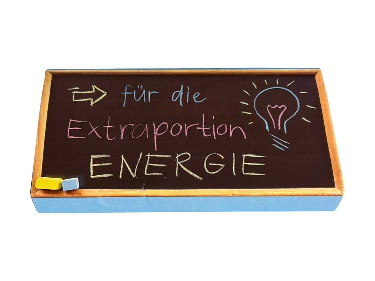 Hellblaue Schokoladenhülle «Für die Extraportion Energie»