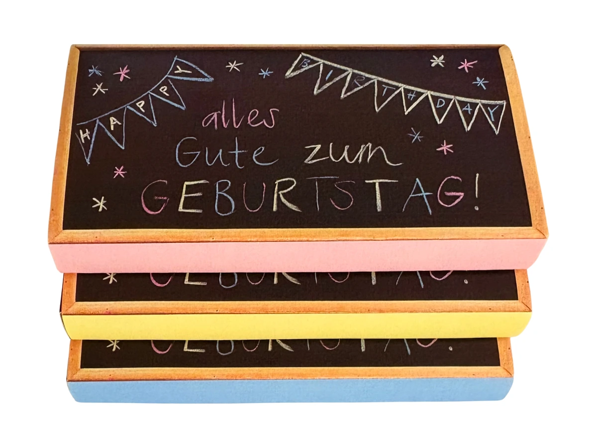 3er-Set Schokoladenhüllen «Alles Gute zum Geburtstag» in Rosa, Gelb und Hellblau
