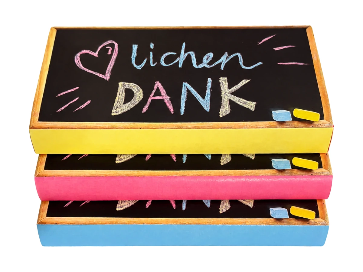 3er-Set Schokoladenhüllen «Herzlichen Dank» in Gelb, Pink und Hellblau