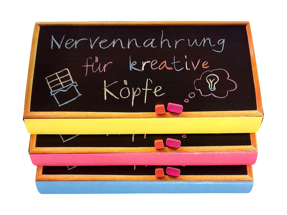 3er-Set Schokoladenhüllen «Nervennahrung für kreative Köpfe» in Gelb, Pink und Hellblau